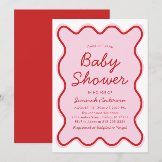 Invitation Wavy Moderne Curvy Retro Baby shower rose et rouge (Devant / Derrière)