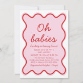 Invitation Wavy Moderne Curvy Retro Baby shower rose et rouge (Devant)