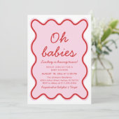 Invitation Wavy Moderne Curvy Retro Baby shower rose et rouge (Debout devant)