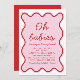 Invitation Wavy Moderne Curvy Retro Baby shower rose et rouge