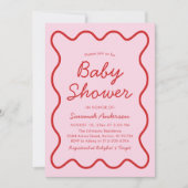 Invitation Wavy Moderne Curvy Retro Baby shower rose et rouge (Devant)