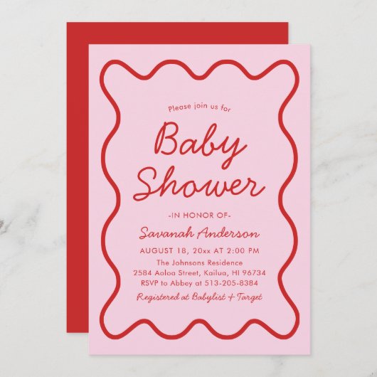 Invitation Wavy Moderne Curvy Retro Baby shower rose et rouge (Devant / Derrière)