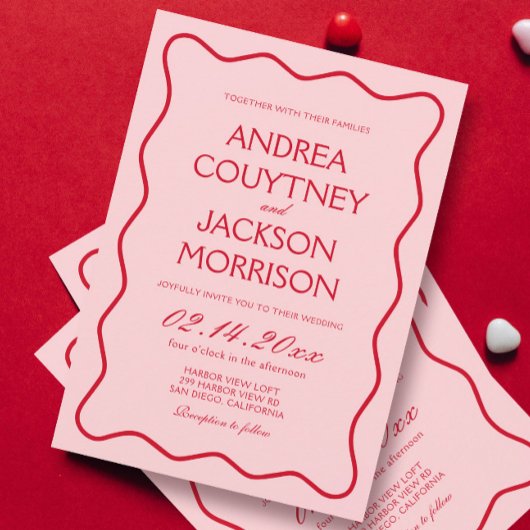 Invitation Wavy Valentine rouge et Mariage rose