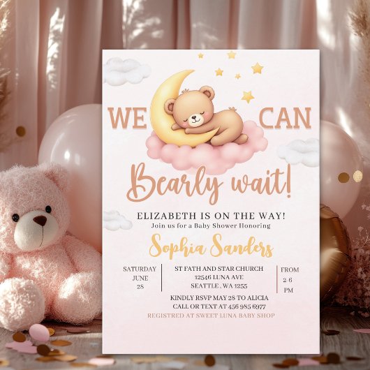 Invitation We Can Bearly Wait Baby Shower Pink Bear