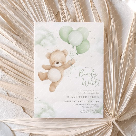 Invitation We can Bearly Wait! Bear Sage Balloon Baby Shower