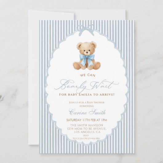 Invitation We Can Bearly Wait blue bow Boy Baby Shower (Devant)