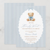 Invitation We Can Bearly Wait blue bow Boy Baby Shower (Devant / Derrière)