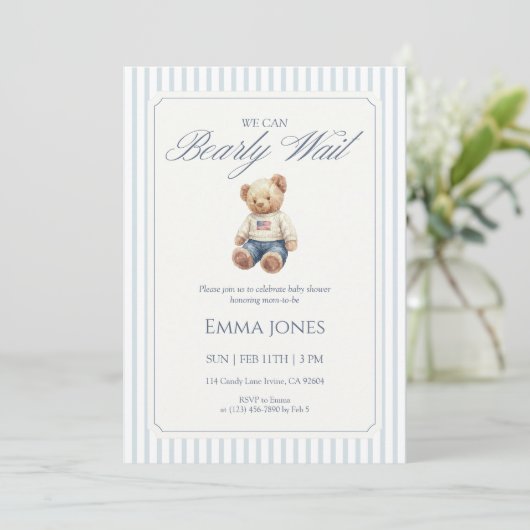 Invitation We Can Bearly Wait Blue stripe pattern shower (Debout devant)