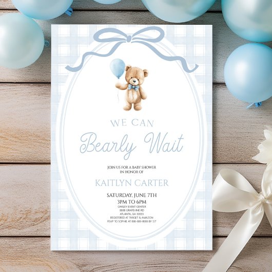 Invitation We Can Bearly Wait Blue Teddy Bear Baby Shower