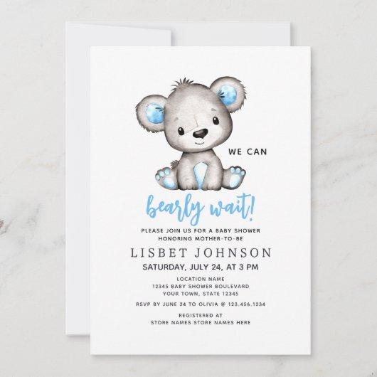 Invitation We Can Bearly Wait Blue Teddy Bear Baby Shower (Devant)