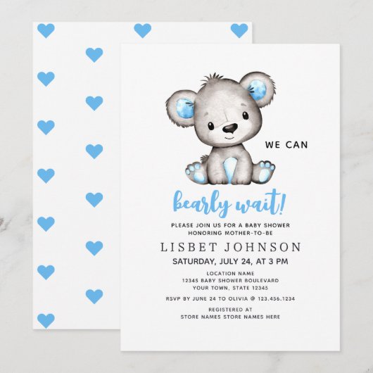 Invitation We Can Bearly Wait Blue Teddy Bear Baby Shower (Devant / Derrière)