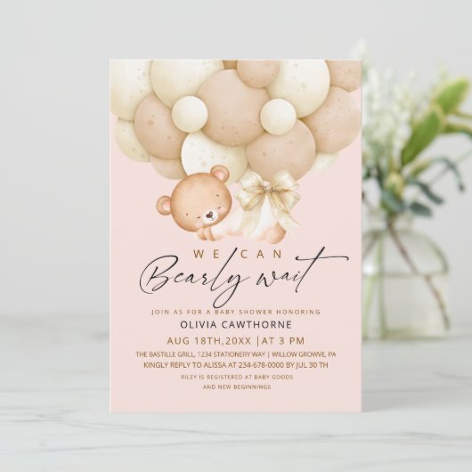 Invitation We can Bearly Wait Blush Pink Baby Shower (Debout devant)