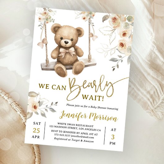 Invitation We Can Bearly Wait Boho Teddy Bear Baby Shower