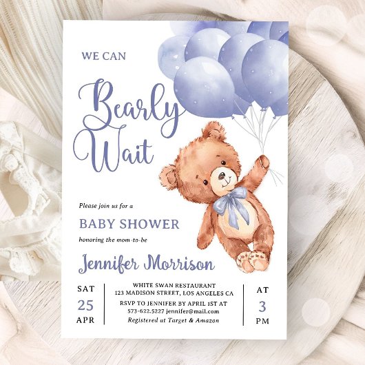 Invitation We Can Bearly Wait Boy Blue Teddy Bear Baby Shower