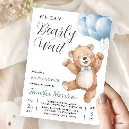 Invitation We Can Bearly Wait Boy Teddy Bear Baby Shower