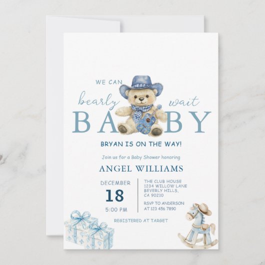 Invitation We Can Bearly Wait Cowboy Baby Shower (Devant)