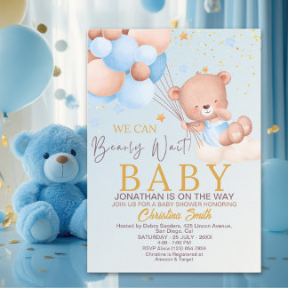 Invitation We Can Bearly Wait Cute Bear Boy Baby Shower