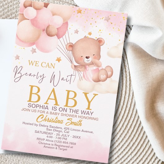 Invitation We Can Bearly Wait Cute Bear Girl Baby Shower