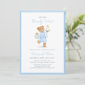 Invitation We Can Bearly Wait Cute Blue Boy Teddy Baby Shower (Debout devant)