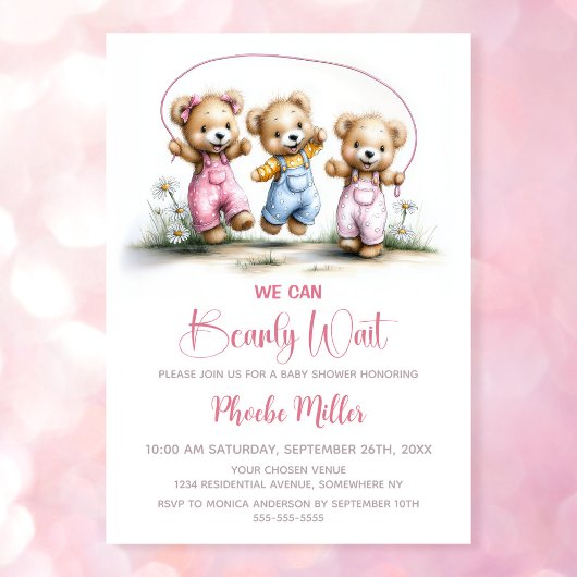 Invitation We Can Bearly Wait Cute Girl Teddy Bears