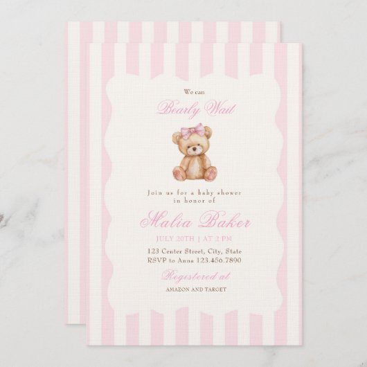 Invitation We Can Bearly Wait Elegant Teddy Bear Baby Shower (Devant / Derrière)