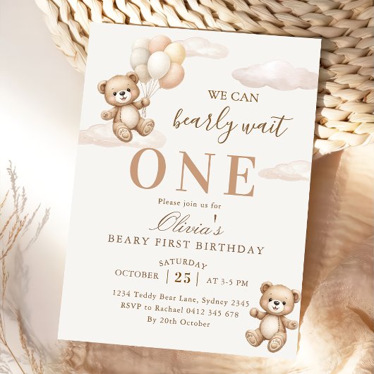 Invitation We Can Bearly Wait Elegant Teddy Birthday