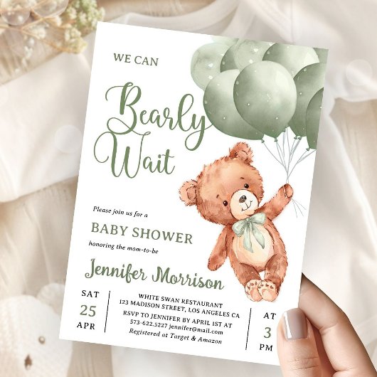 Invitation We Can Bearly Wait Green Teddy Bear Baby Shower