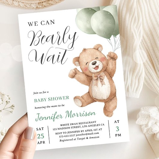 Invitation We Can Bearly Wait Neutral Teddy Bear Baby Shower