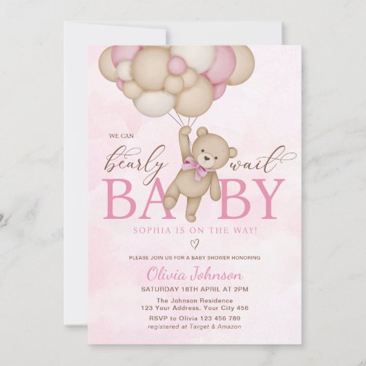 Invitation We Can Bearly Wait Pink Baby Shower (Devant)