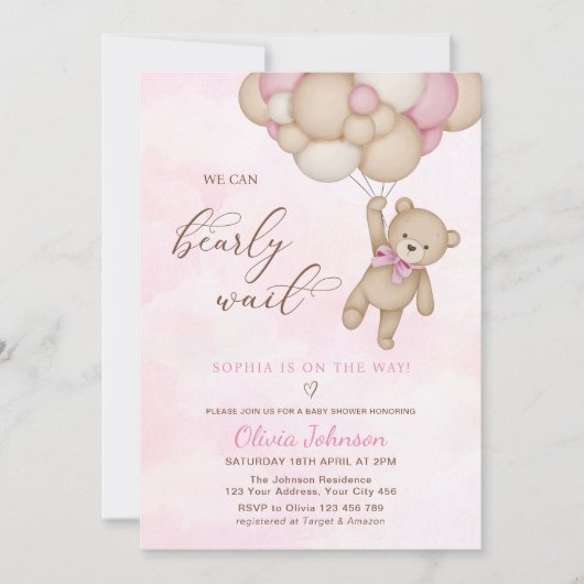 Invitation We Can Bearly Wait Pink Baby Shower (Devant)