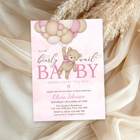 Invitation We Can Bearly Wait Pink Baby Shower