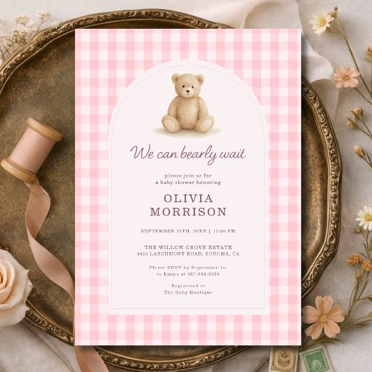 Invitation We Can Bearly Wait Pink Gingham Baby Shower