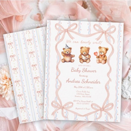 Invitation We Can Bearly Wait Pink Lace Ribbon Baby Shower