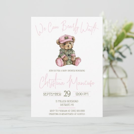 Invitation We Can Bearly Wait! Pink Military Bear Baby Shower (Debout devant)