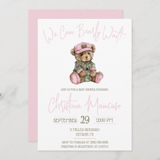 Invitation We Can Bearly Wait! Pink Military Bear Baby Shower (Devant / Derrière)