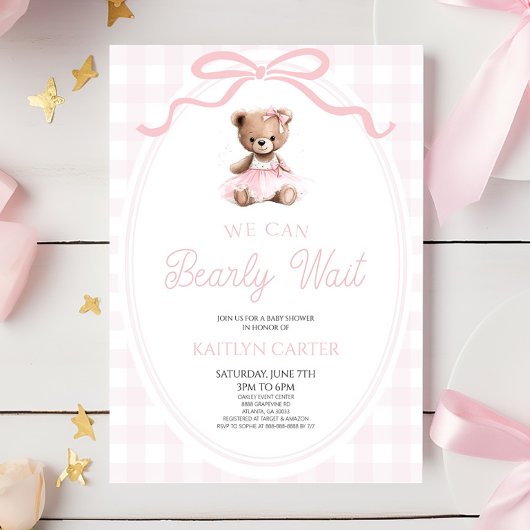 Invitation We Can Bearly Wait Pink Teddy Bear Baby Shower