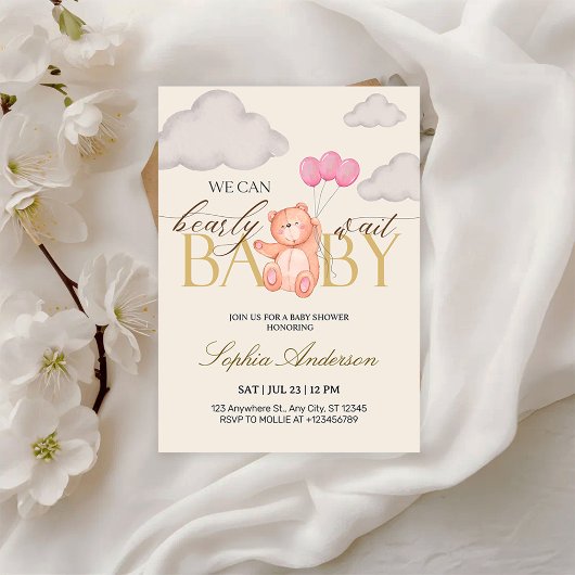 Invitation We Can Bearly Wait Pink Teddy Bear Baby Shower