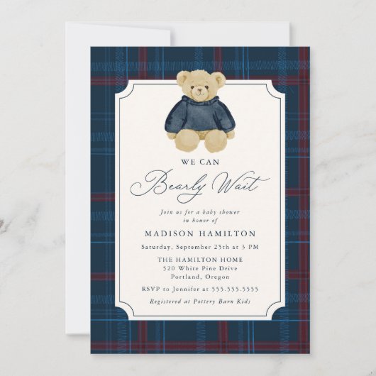 Invitation We Can Bearly Wait Plaid Teddy Bear Baby Shower (Devant)
