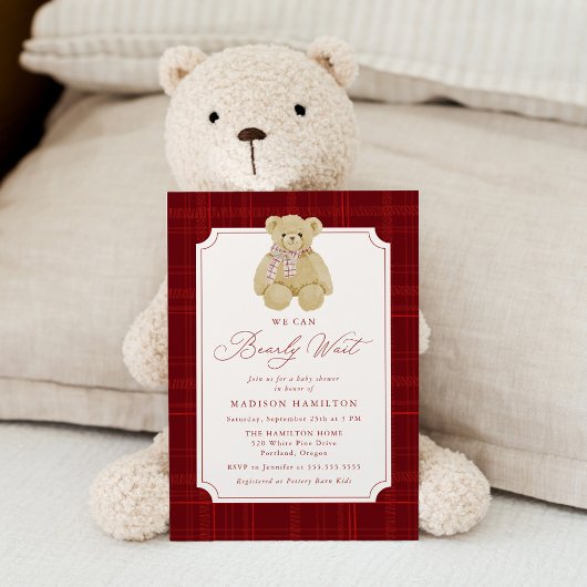 Invitation We Can Bearly Wait Plaid Teddy Bear Baby Shower