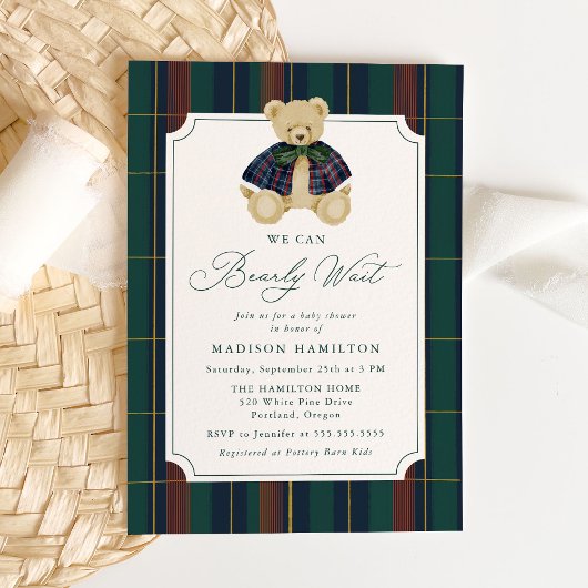 Invitation We Can Bearly Wait Plaid Teddy Bear Baby Shower