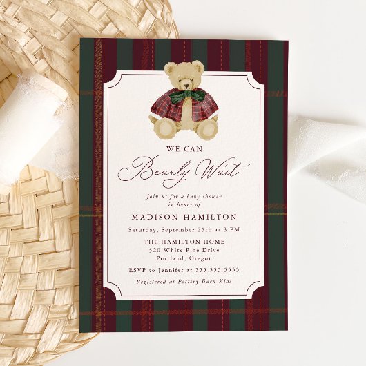 Invitation We Can Bearly Wait Plaid Teddy Bear Baby Shower