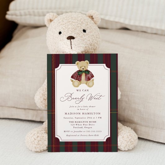 Invitation We Can Bearly Wait Plaid Teddy Bear Baby Shower