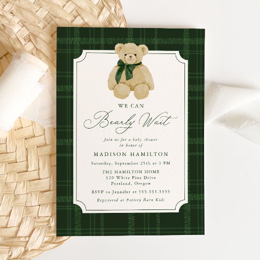 Invitation We Can Bearly Wait Plaid Teddy Bear Baby Shower