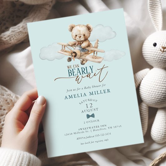 Invitation We Can Bearly Wait Teddy Airplane Blue Baby Shower