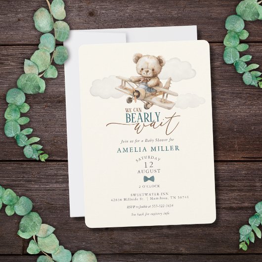 Invitation We Can Bearly Wait Teddy Bear Airplane Baby Shower