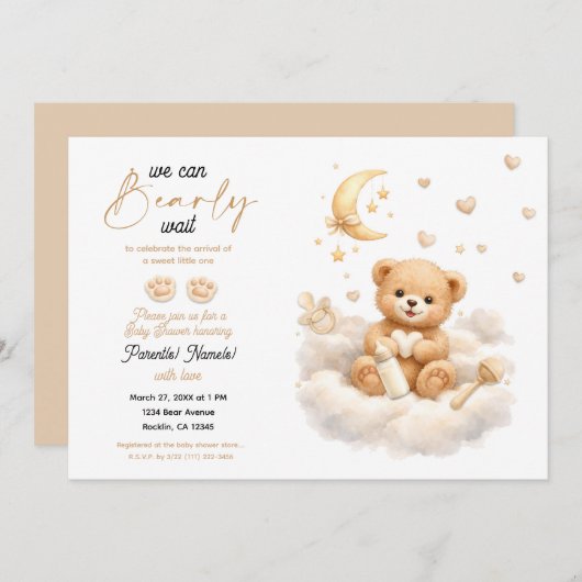 Invitation We can Bearly Wait Teddy Bear Baby Shower (Devant / Derrière)