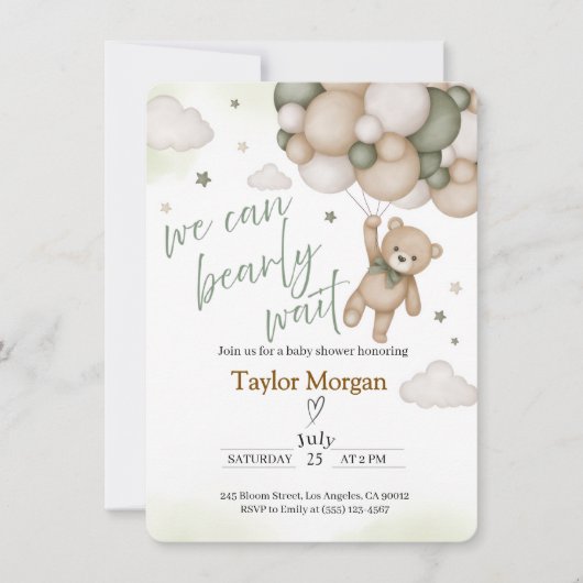 Invitation We Can Bearly Wait Teddy Bear Baby Shower (Devant)