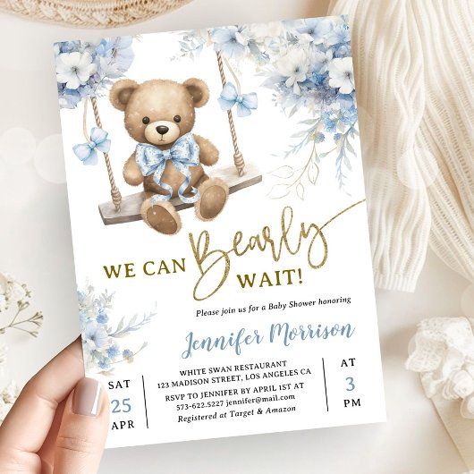 Invitation We Can Bearly Wait Teddy Bear Baby Shower Boy Blue