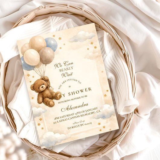 Invitation We Can Bearly Wait Teddy Bear Balloon Baby Shower