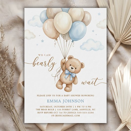 Invitation We Can Bearly Wait Teddy Bear Balloon Baby Shower